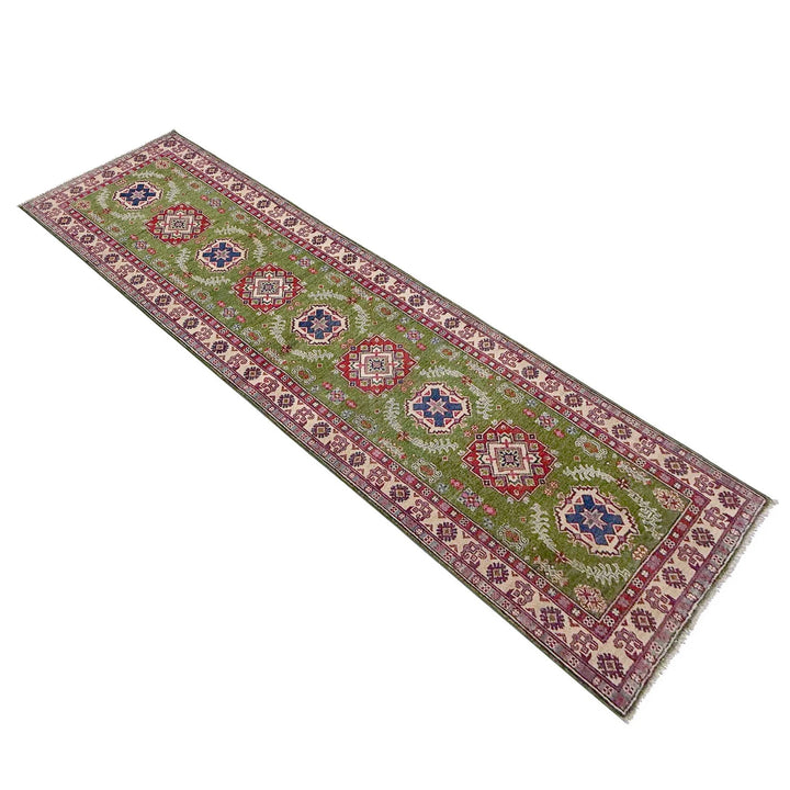 Green Afghan Kazak Rug 2' 8" x 9' 11" Hand-Knotted | No. AL98693