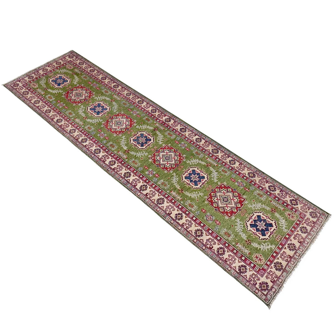 Green Afghan Kazak Rug 2' 8" x 9' 11" Hand-Knotted | No. AL98693