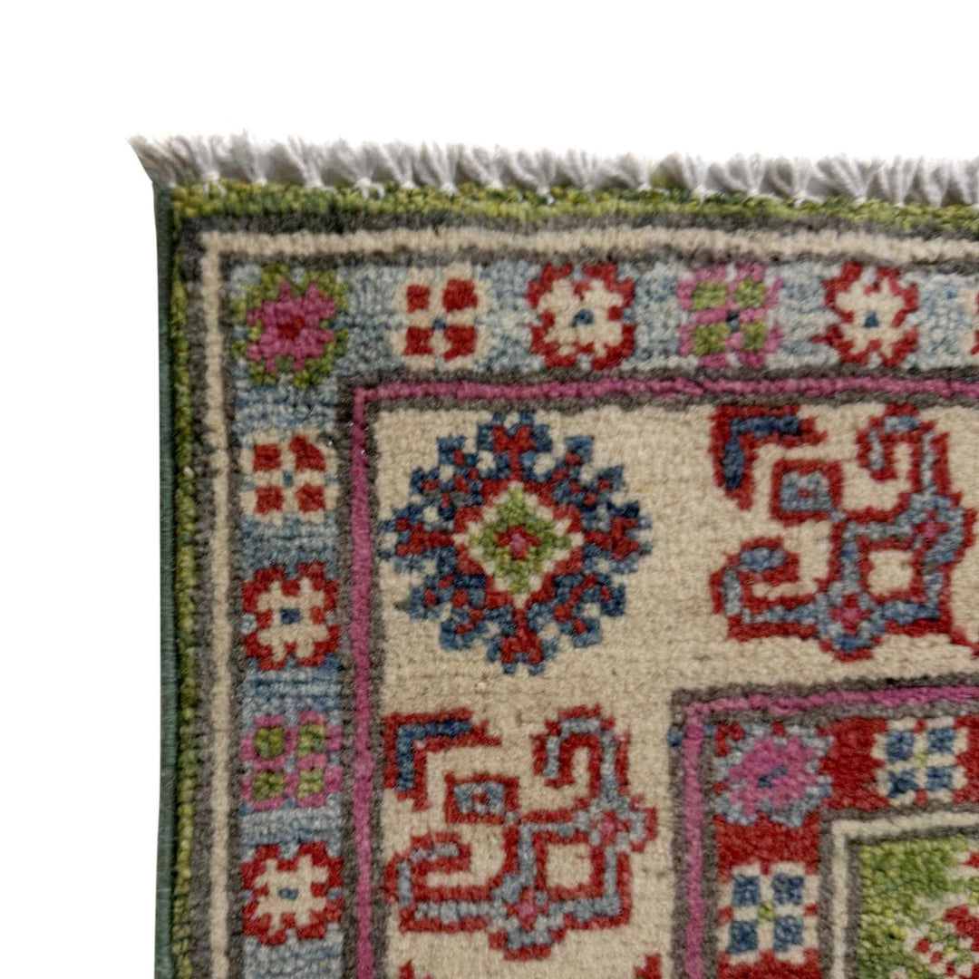 Green Afghan Kazak Rug 2' 8" x 9' 11" Hand-Knotted | No. AL98693