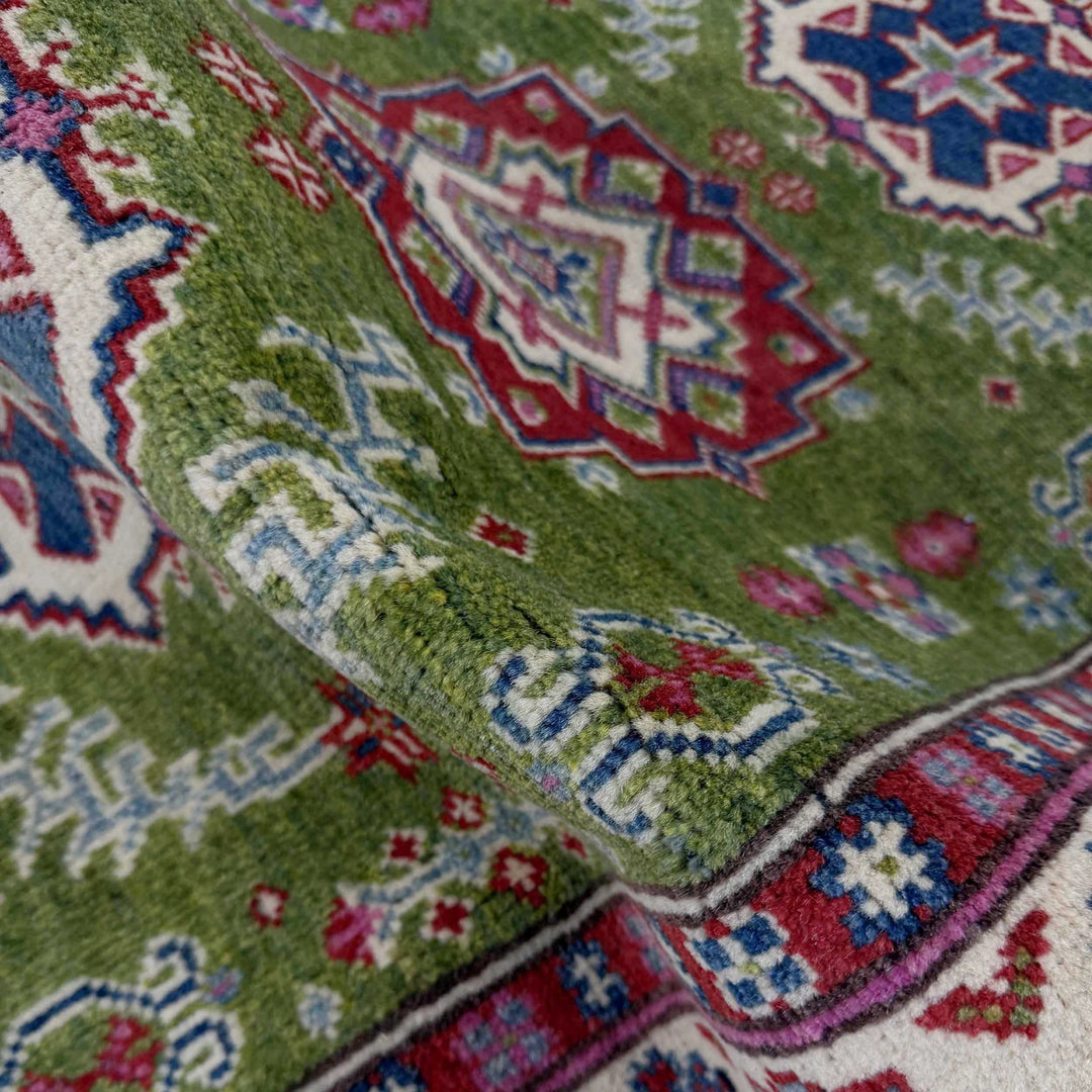 Green Afghan Kazak Rug 2' 8" x 9' 11" Hand-Knotted | No. AL98693