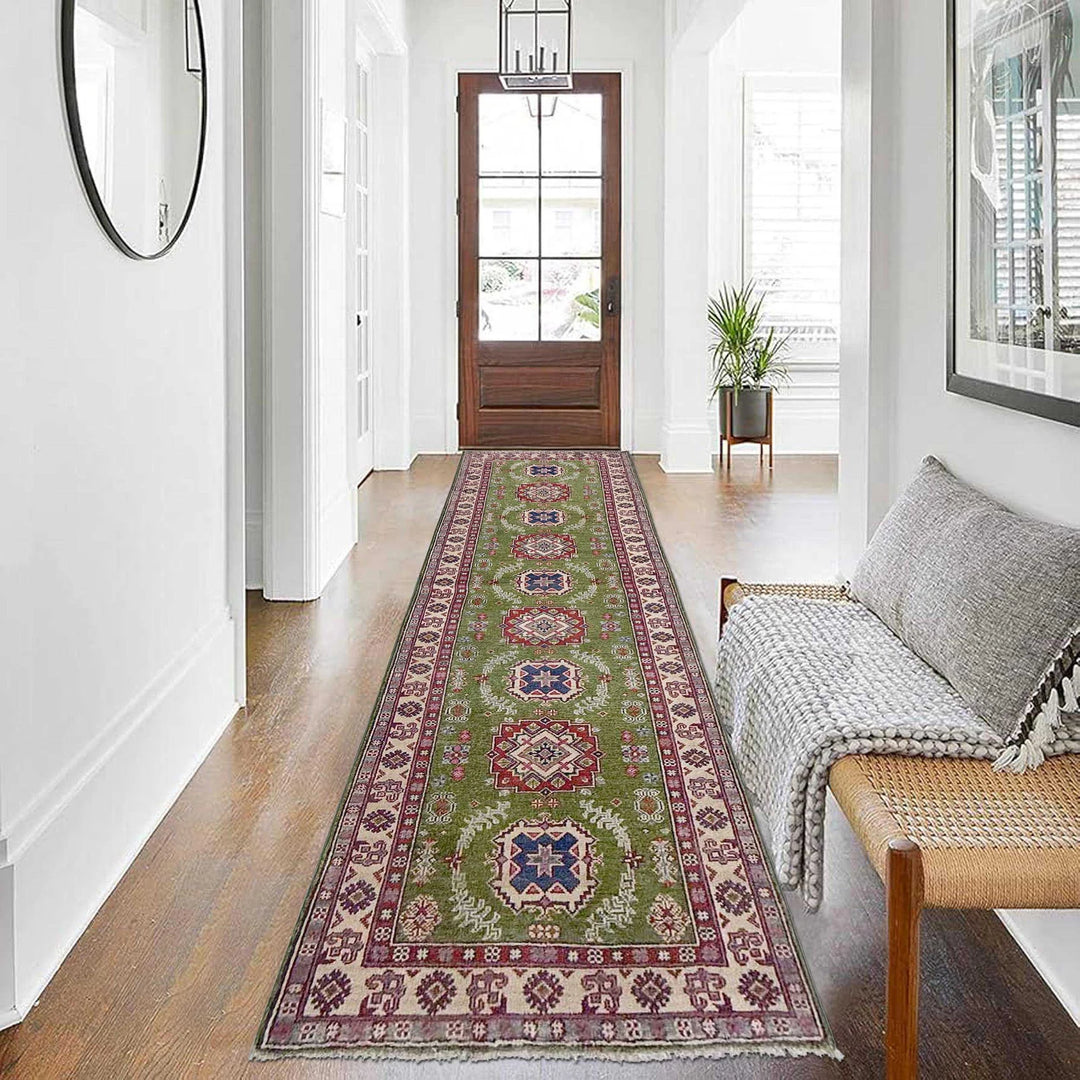 Green Afghan Kazak Rug 2' 8" x 9' 11" Hand-Knotted | No. AL98693