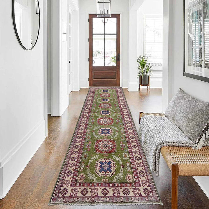 Green Afghan Kazak Rug 2' 8" x 9' 11" Hand-Knotted | No. AL98693