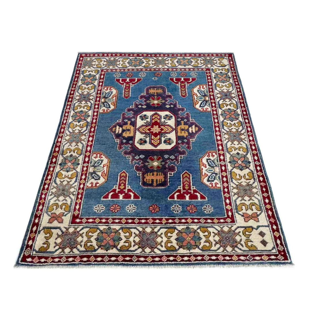 Blue Afghan Kazak Rug 3' 3" x 4' 9" Hand-Knotted | No. AL98740