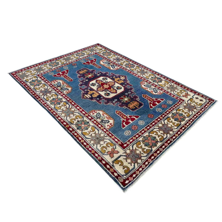 Blue Afghan Kazak Rug 3' 3" x 4' 9" Hand-Knotted | No. AL98740