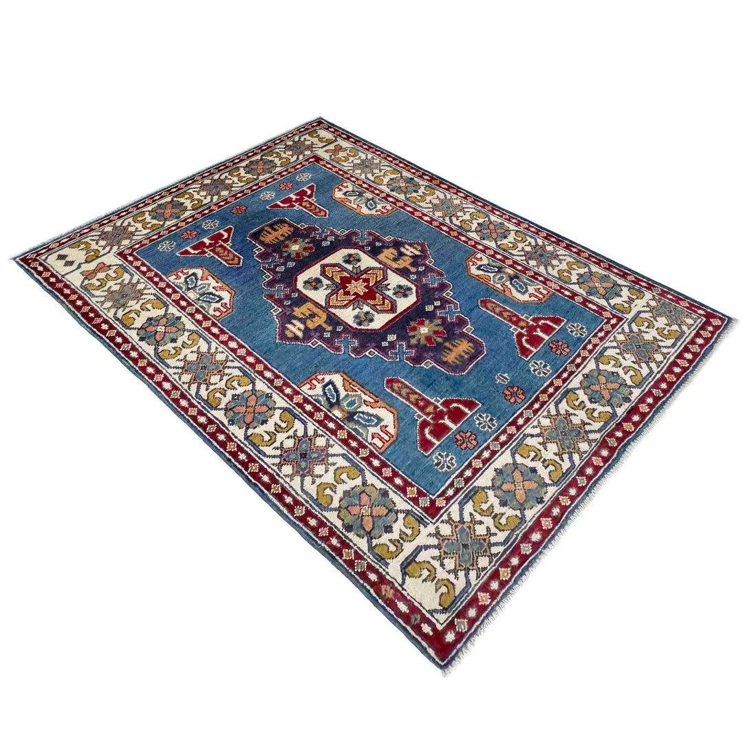 Blue Afghan Kazak Rug 3' 3" x 4' 9" Hand-Knotted | No. AL98740
