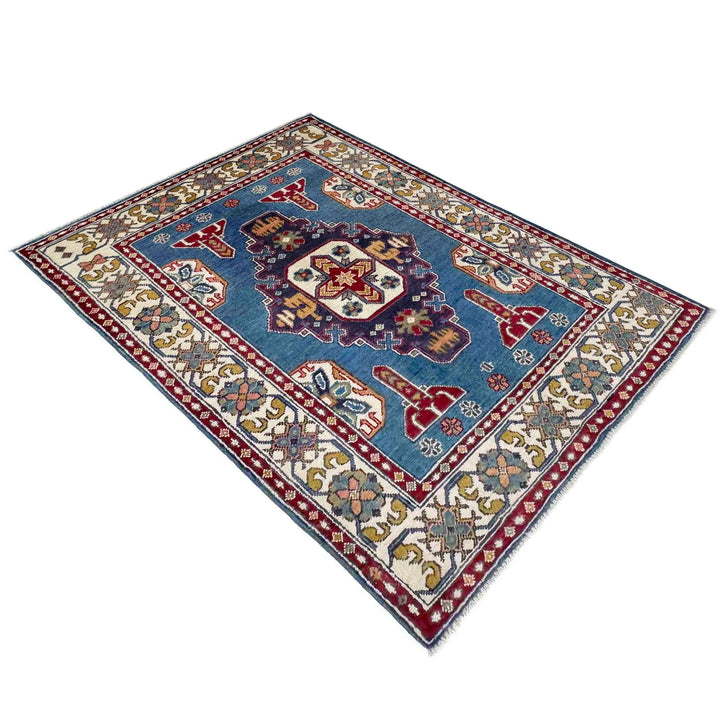 Blue Afghan Kazak Rug 3' 3" x 4' 9" Hand-Knotted | No. AL98740