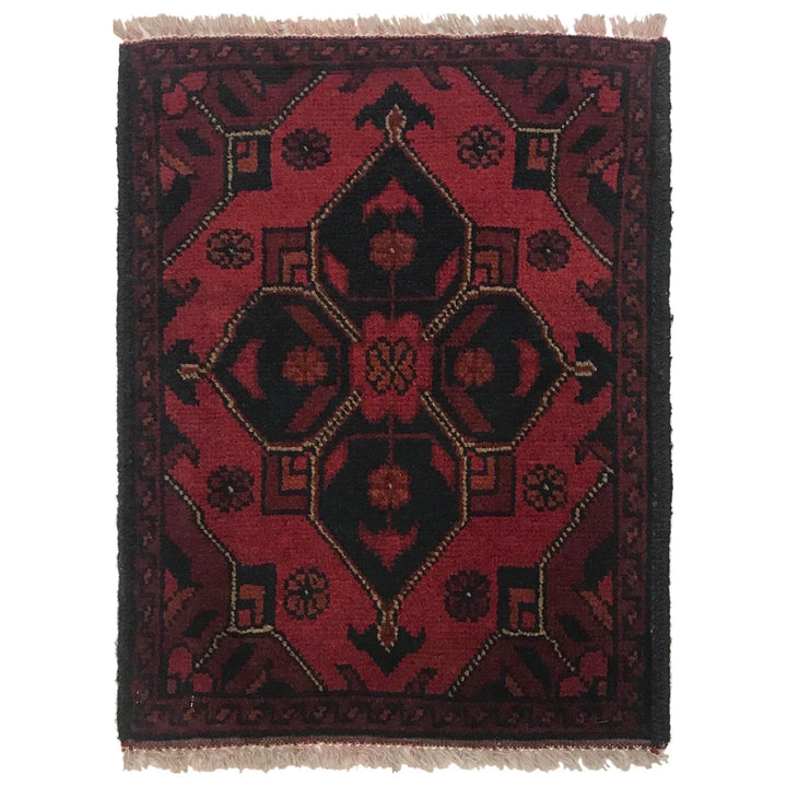 Red Afghan Oriental Doormat 1' 5" x 1' 10" Hand-Knotted | No. AL98902