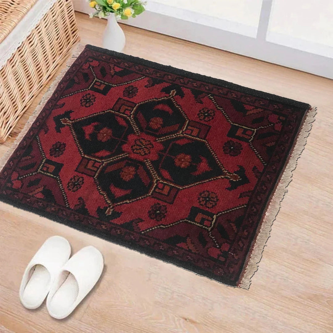 Red Afghan Oriental Doormat 1' 5" x 1' 10" Hand-Knotted | No. AL98902