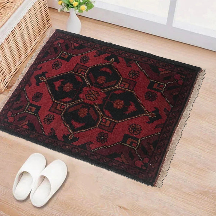Red Afghan Oriental Doormat 1' 5" x 1' 10" Hand-Knotted | No. AL98902