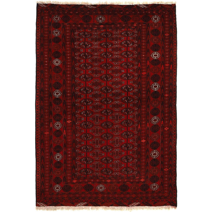 Red Afghan Bokhara Rug 3' 11" x 5' 11" Hand-Knotted | No. AL98916