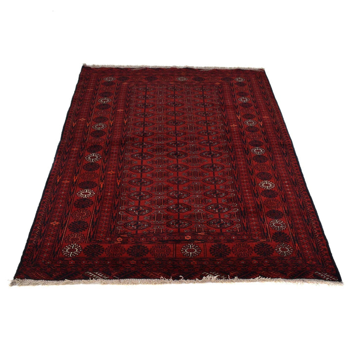 Red Afghan Bokhara Rug 3' 11" x 5' 11" Hand-Knotted | No. AL98916