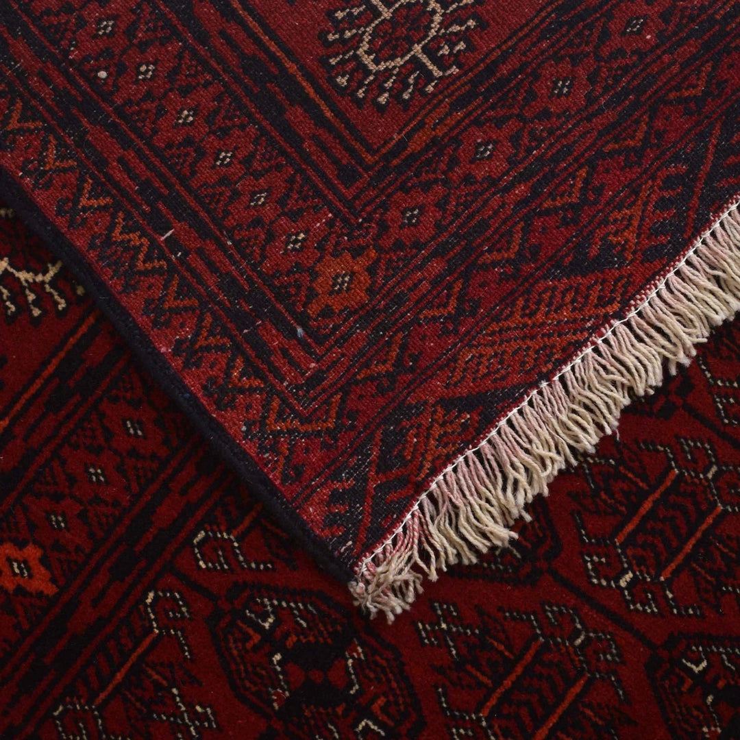 Red Afghan Bokhara Rug 3' 11" x 5' 11" Hand-Knotted | No. AL98916