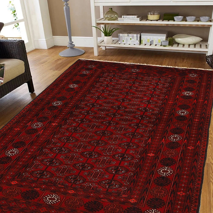 Red Afghan Bokhara Rug 3' 11" x 5' 11" Hand-Knotted | No. AL98916