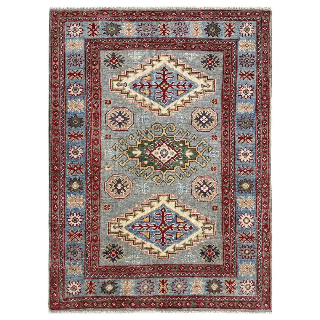 Gray Afghan Kazak Rug 3' 3" x 4' 9" Hand-Knotted | No. AL99020