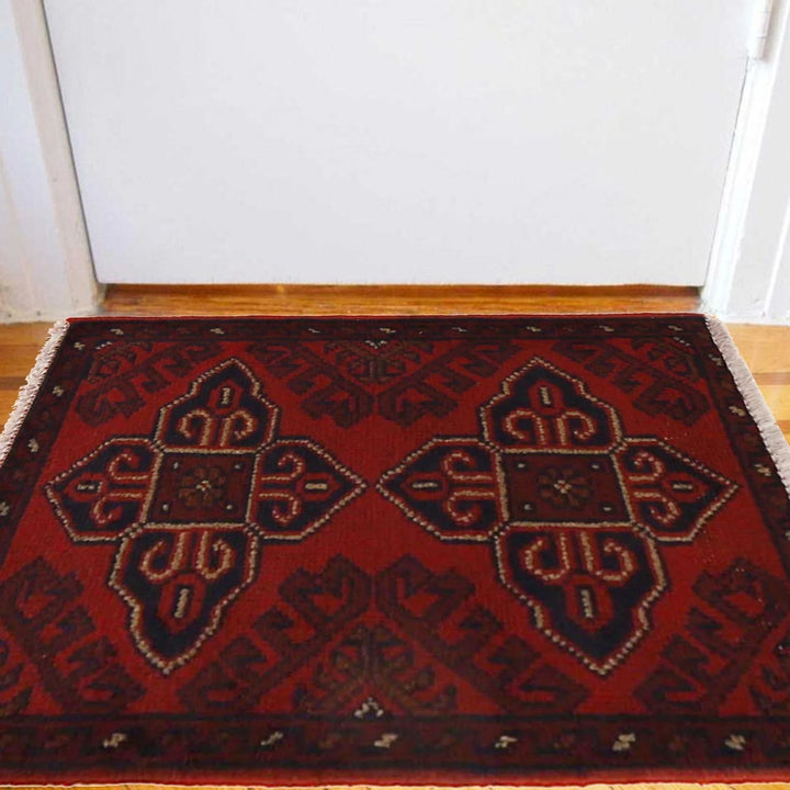Red Afghan Oriental Doormat 1' 5" x 2' 0" Hand-Knotted | No. AL99026