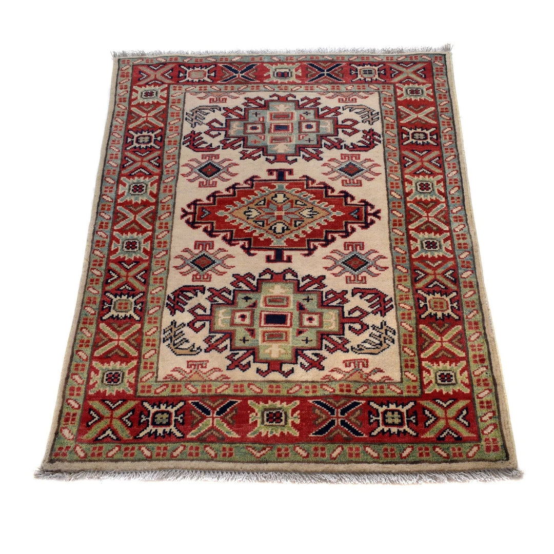 Ivory Afghan Kazak Rug 2' 9" x 3' 8" Hand-Knotted | No. AL99087