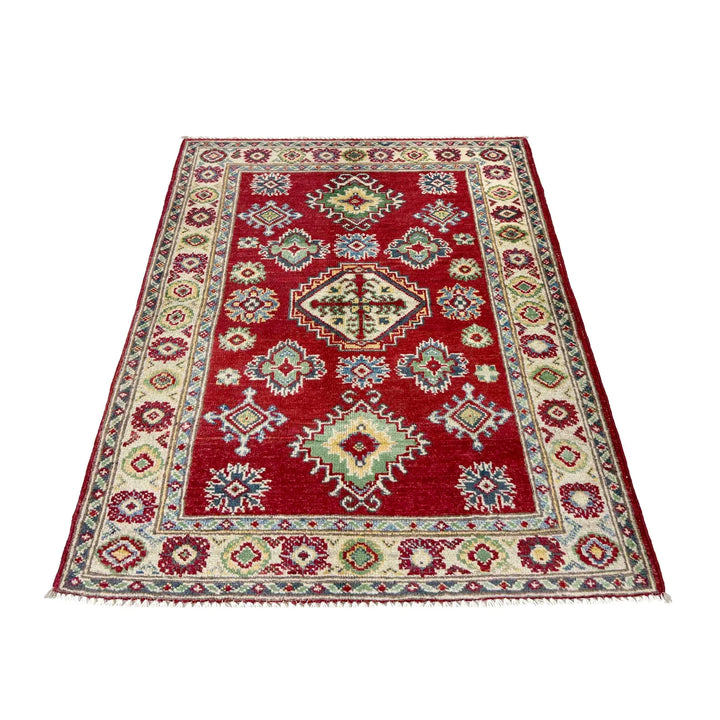 Red Afghan Kazak Rug 2' 7" x 3' 9" Hand-Knotted | No. AL99129