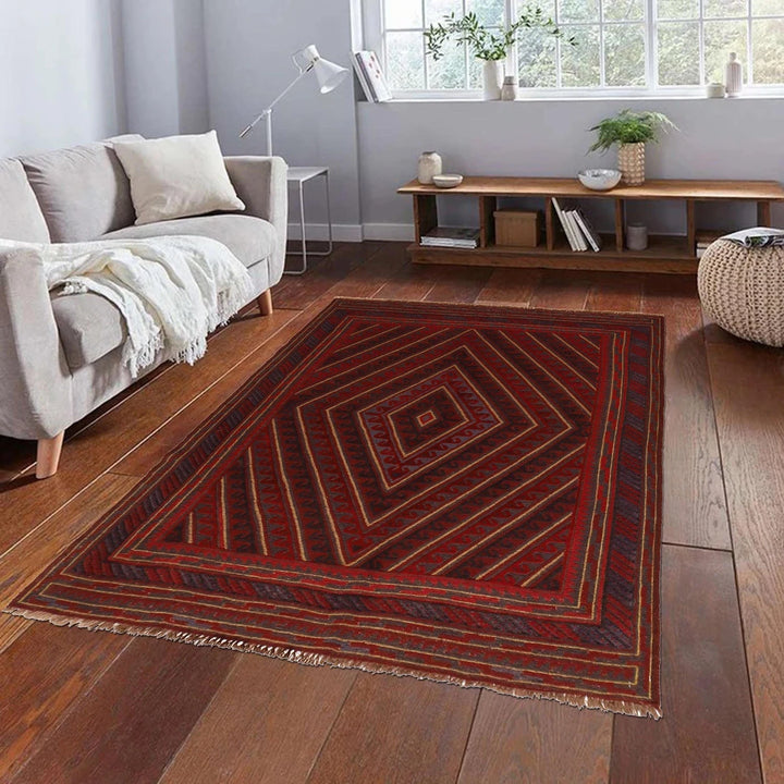 Red Afghan Mashwani Rug 4' 11" x 5' 11" Hand-Knotted | No. AL99376