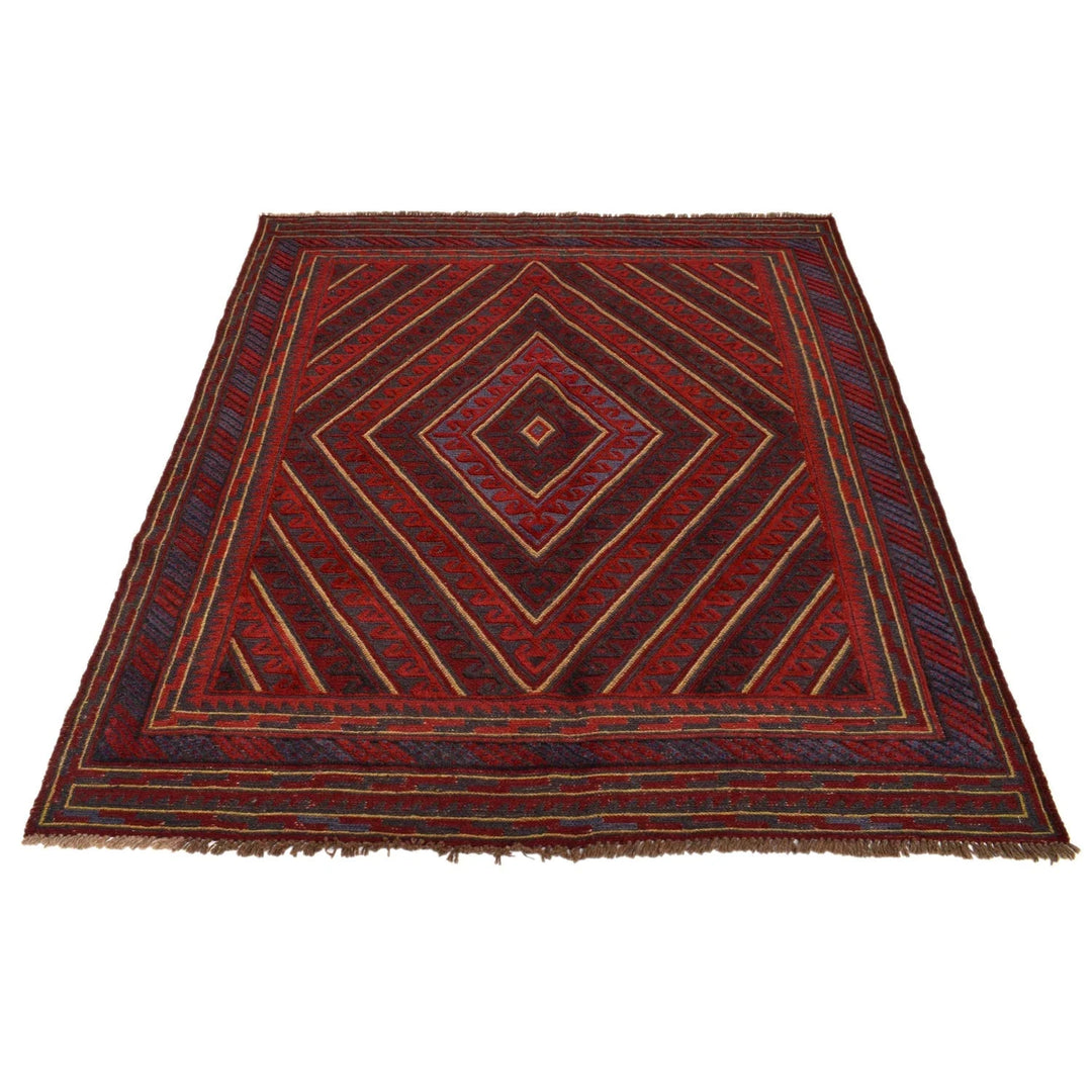 Red Afghan Mashwani Rug 4' 11" x 5' 11" Hand-Knotted | No. AL99376