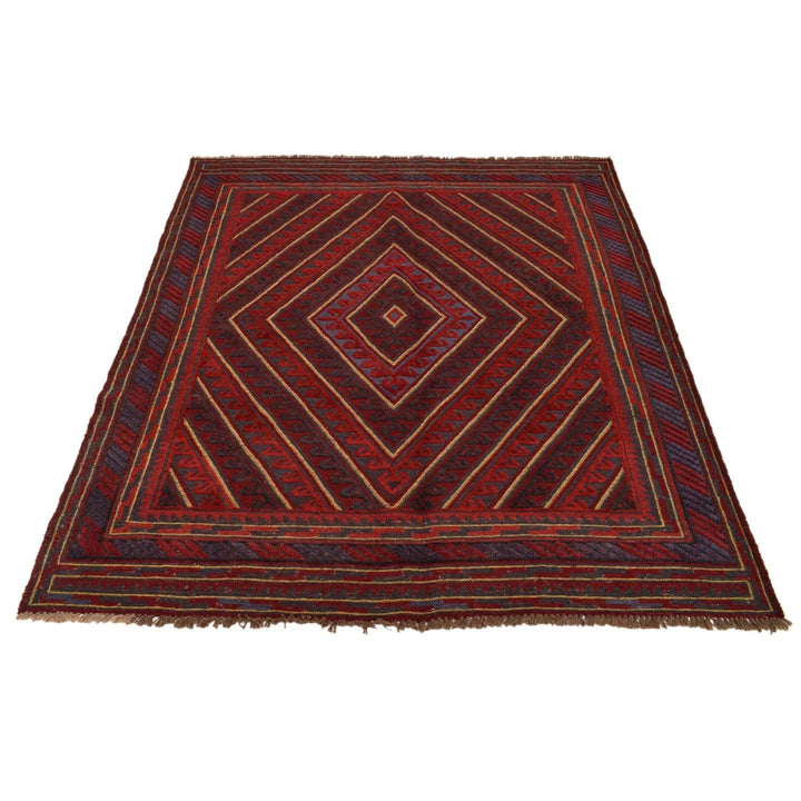Red Afghan Mashwani Rug 4' 11" x 5' 11" Hand-Knotted | No. AL99376