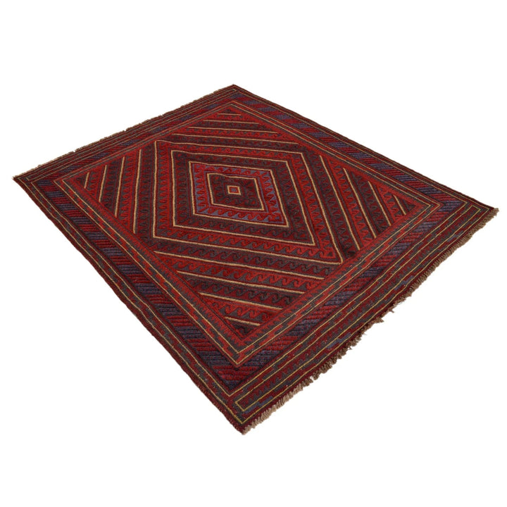 Red Afghan Mashwani Rug 4' 11" x 5' 11" Hand-Knotted | No. AL99376