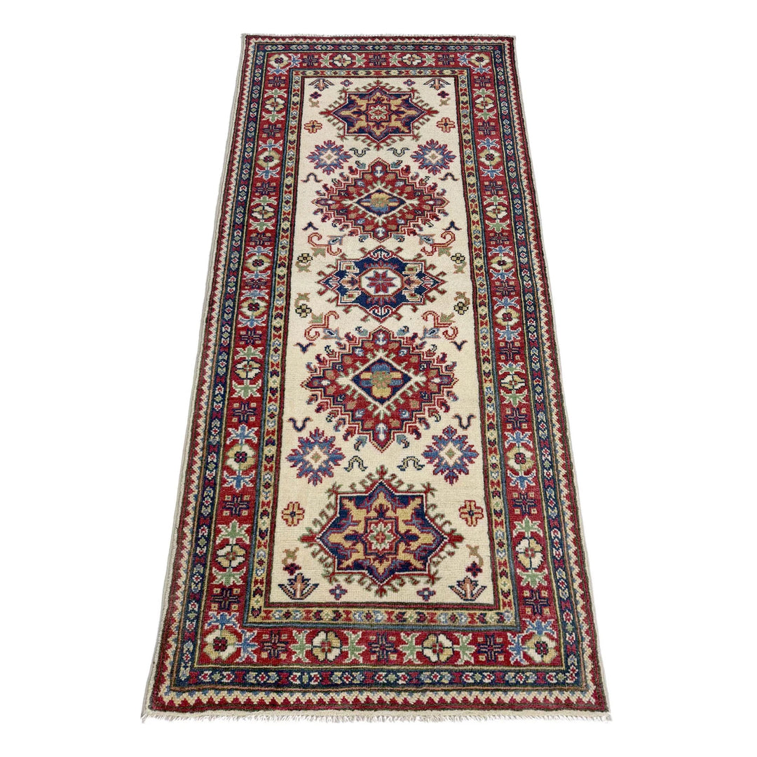 Beige Afghan Kazak Rug 2'7" x 6'9" Hand-Knotted | No. AL99380
