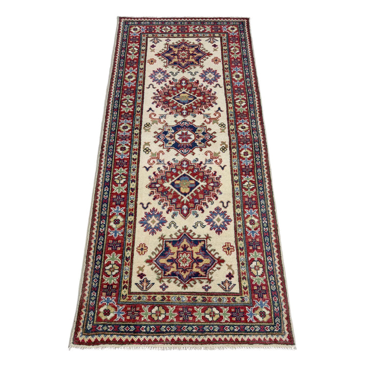 Beige Afghan Kazak Rug 2'7" x 6'9" Hand-Knotted | No. AL99380
