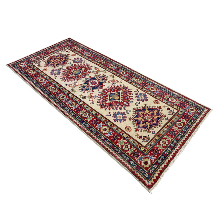 Beige Afghan Kazak Rug 2'7" x 6'9" Hand-Knotted | No. AL99380