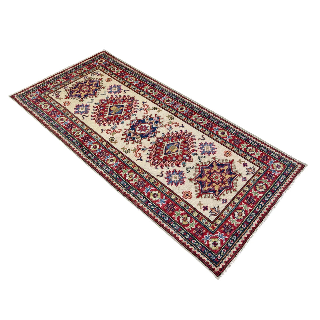 Beige Afghan Kazak Rug 2'7" x 6'9" Hand-Knotted | No. AL99380