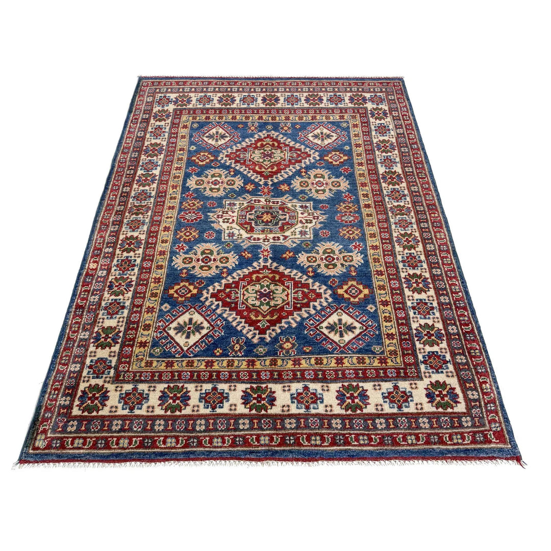 Blue Afghan Kazak Rug 3' 10" x 5' 10" Hand-Knotted | No. AL99456