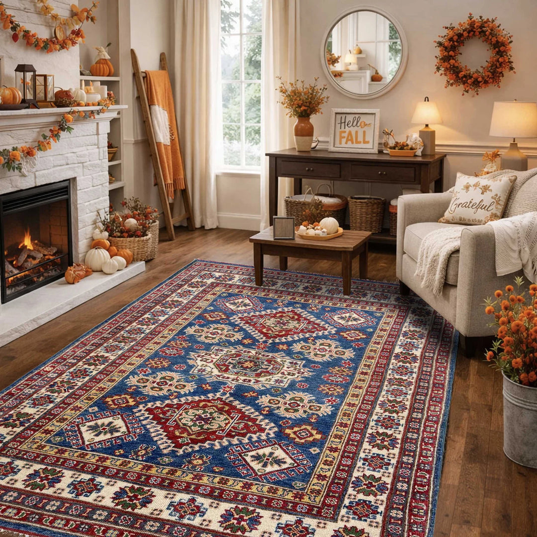 Blue Afghan Kazak Rug 3' 10" x 5' 10" Hand-Knotted | No. AL99456