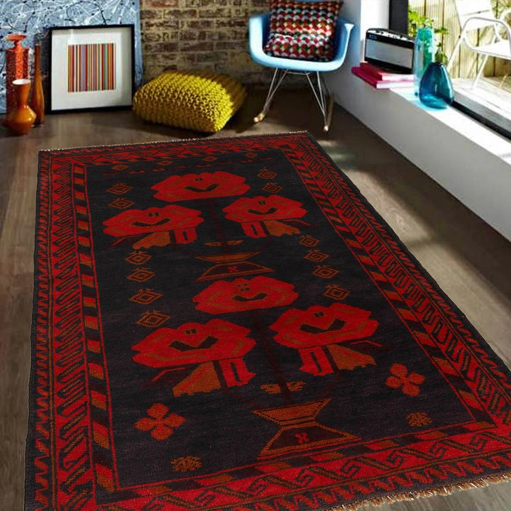 Afghan Baluchi Rug 3' 7" x 6' 2" Hand-Knotted | No. AL99475