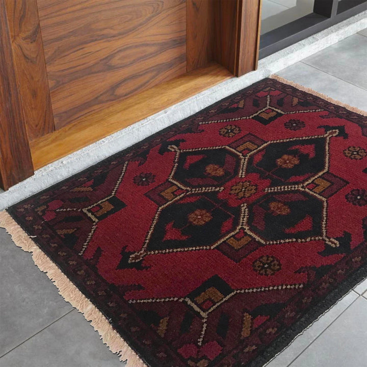 Red Afghan Oriental Doormat 1' 4" x 1' 11" Hand-Knotted | No. AL99527