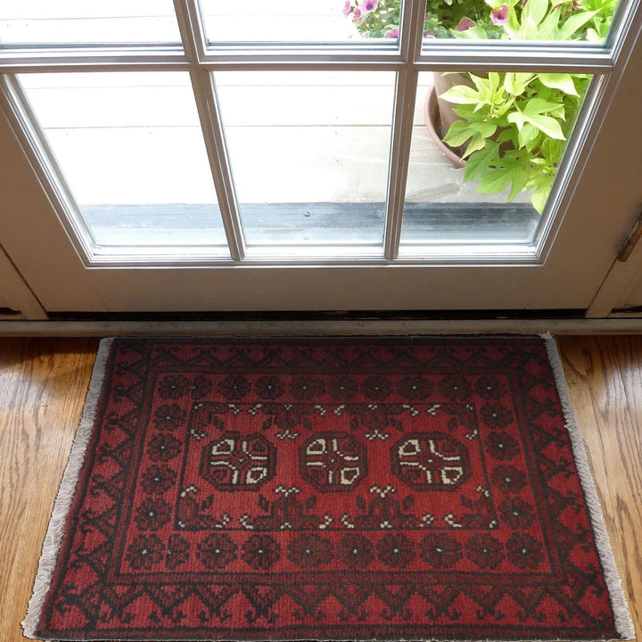 Red Afghan Oriental Doormat 1' 7" x 2' 2" Hand-Knotted | No. AL99550