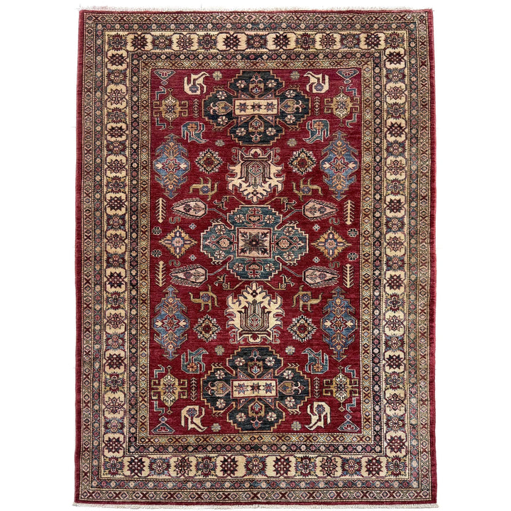 Red Afghan Kazak Rug 5' 10" x 8' 0" Hand-Knotted | No. AL99849
