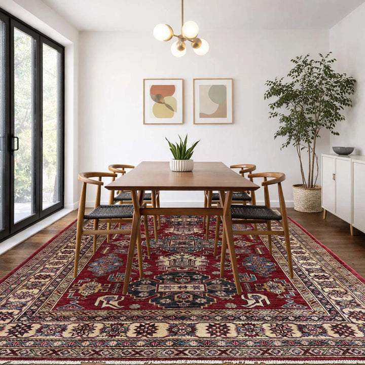 Red Afghan Kazak Rug 5' 10" x 8' 0" Hand-Knotted | No. AL99849