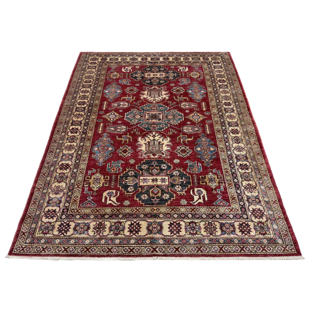 Red Afghan Kazak Rug 5' 10" x 8' 0" Hand-Knotted | No. AL99849