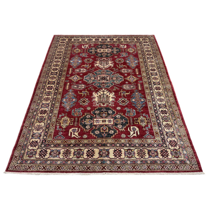 Red Afghan Kazak Rug 5' 10" x 8' 0" Hand-Knotted | No. AL99849