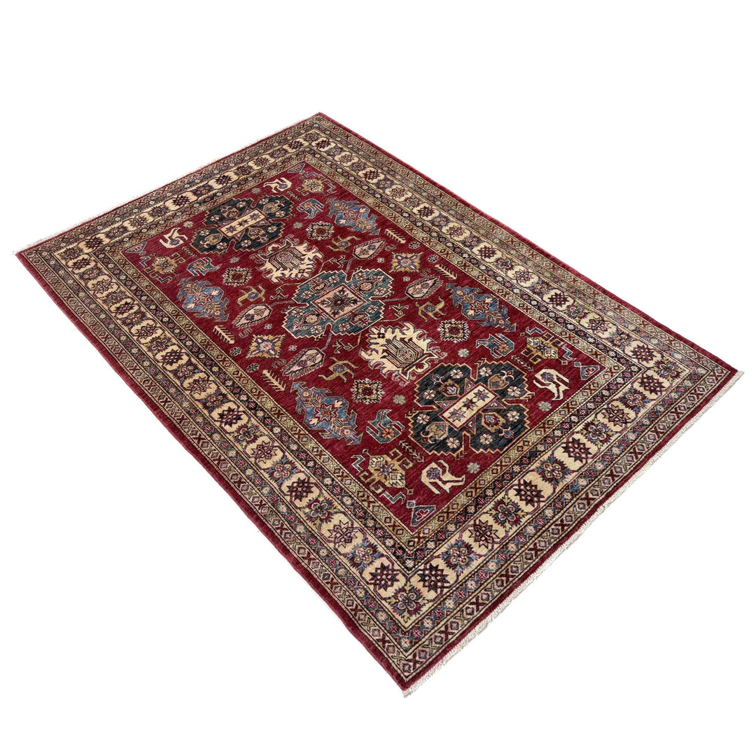 Red Afghan Kazak Rug 5' 10" x 8' 0" Hand-Knotted | No. AL99849