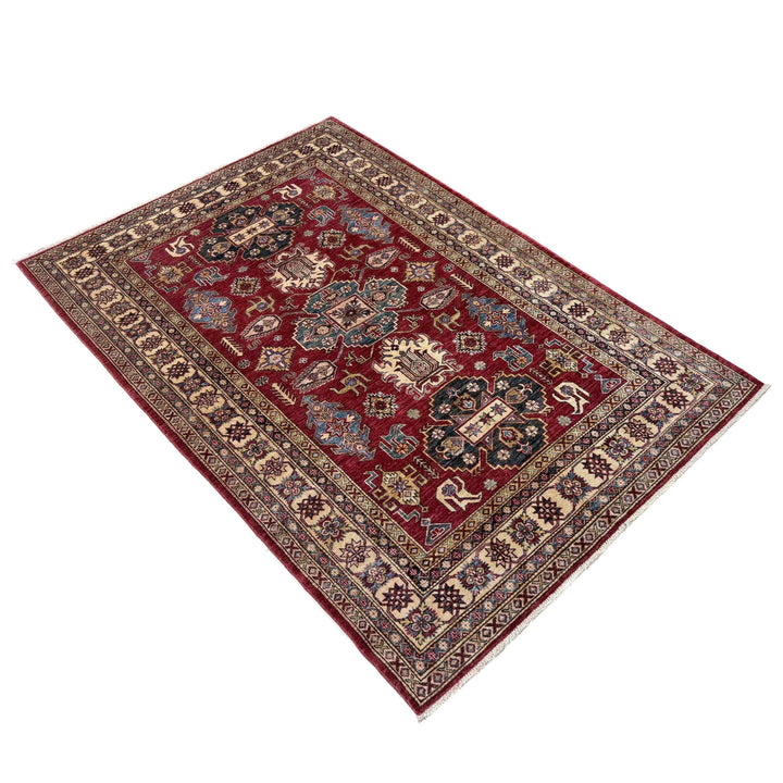 Red Afghan Kazak Rug 5' 10" x 8' 0" Hand-Knotted | No. AL99849