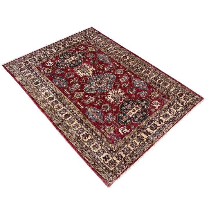 Red Afghan Kazak Rug 5' 10" x 8' 0" Hand-Knotted | No. AL99849