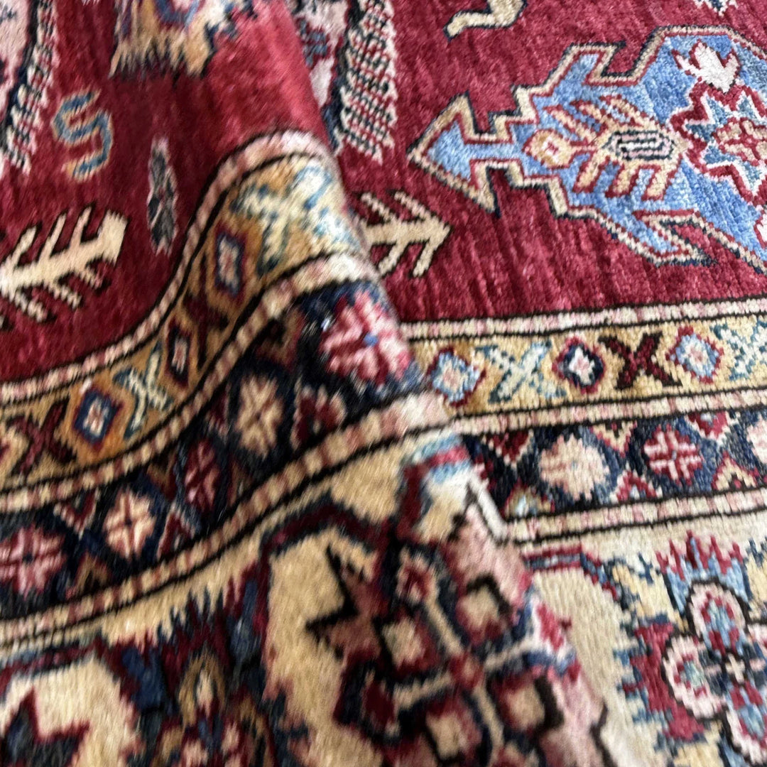 Red Afghan Kazak Rug 5' 10" x 8' 0" Hand-Knotted | No. AL99849