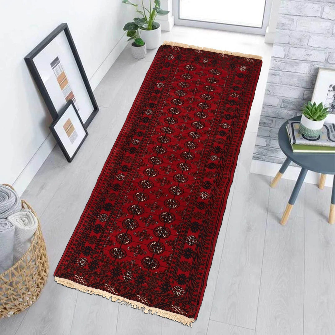 Red Afghan Bokhara Rug 2' 7" x 6' 3" Hand-Knotted | No. AL99971