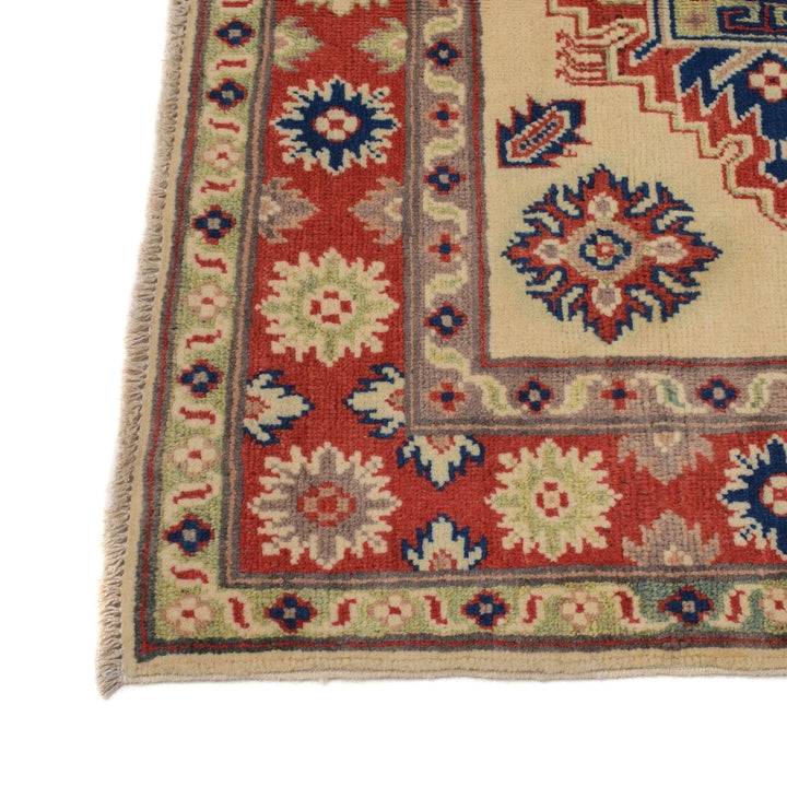 Ivory Afghan Kazak Rug 3' 5" x 5' 4" Hand-Knotted | No. AL99989