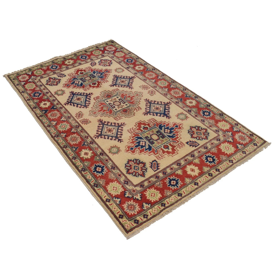 Ivory Afghan Kazak Rug 3' 5" x 5' 4" Hand-Knotted | No. AL99989