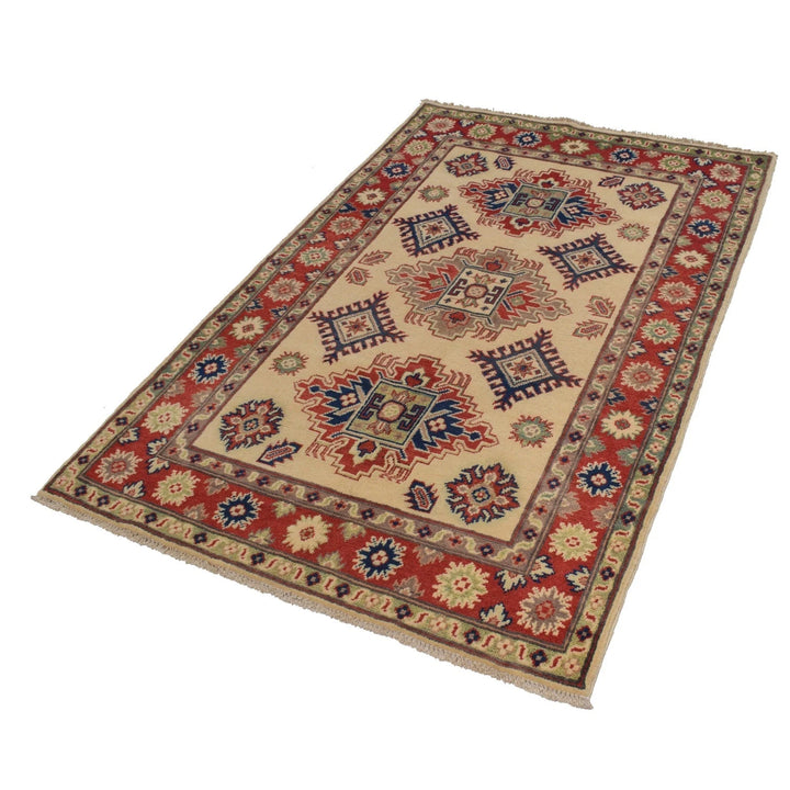 Ivory Afghan Kazak Rug 3' 5" x 5' 4" Hand-Knotted | No. AL99989