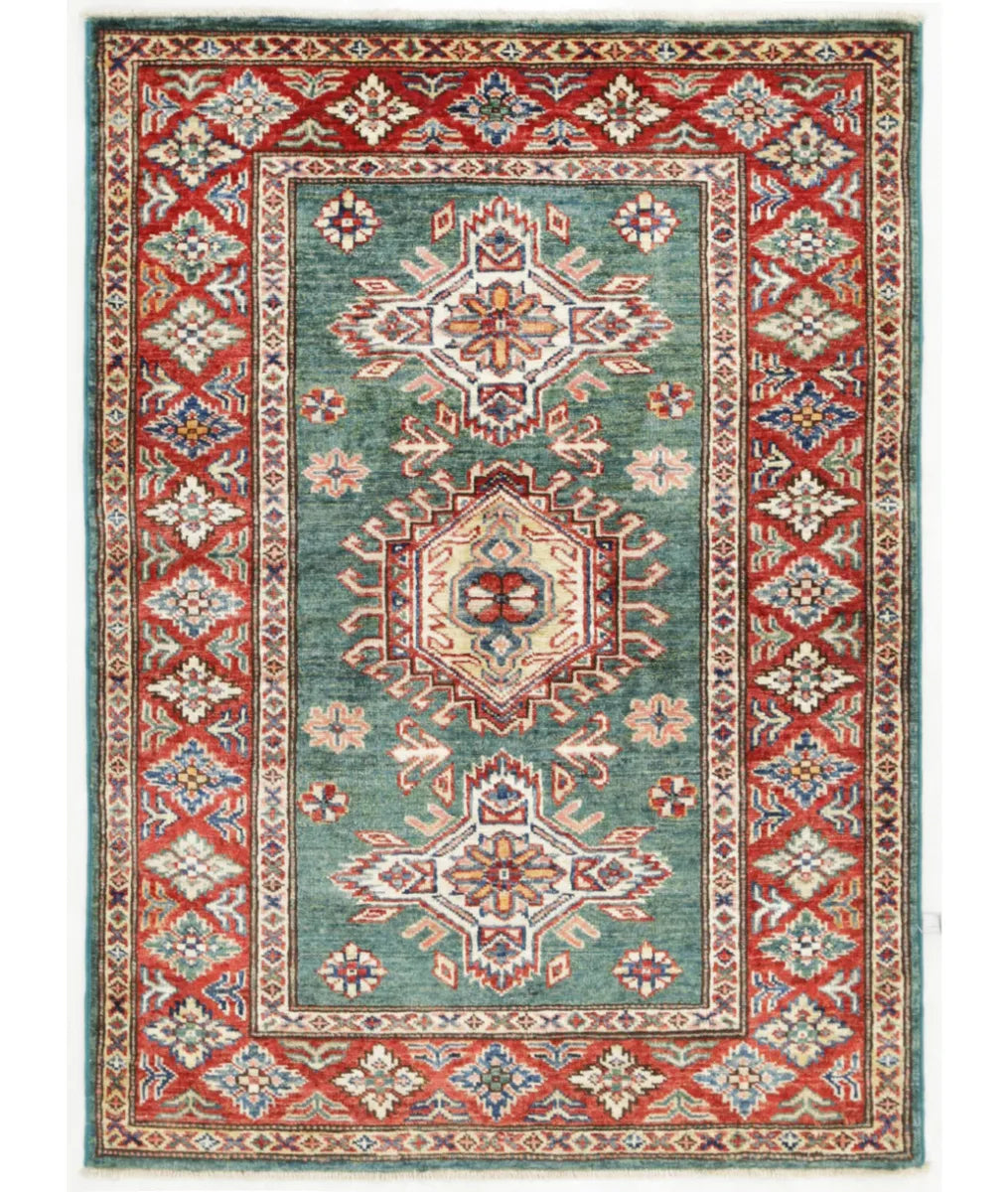 Green Afghan Kazak Rug 2' 9" x 3' 11" Hand-Knotted | No. AT10043