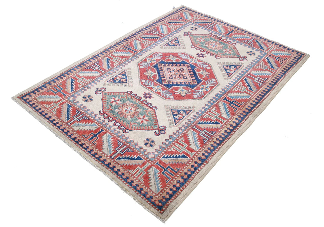 Afghan Kazak Rug 4' 2" x 6' 0" Hand-Knotted | No. AT10063