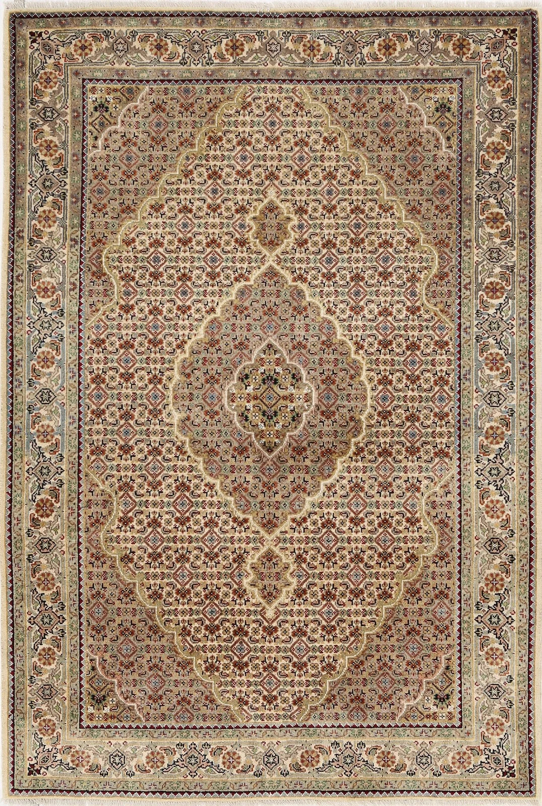 Beige Indian Ziegler Rug 4' 0" x 5' 11" Hand-Knotted | No. AT10267