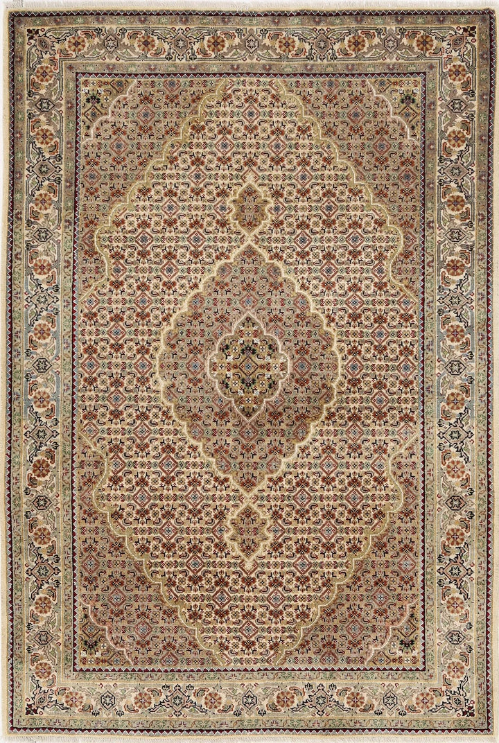 Beige Indian Ziegler Rug 4' 0" x 5' 11" Hand-Knotted | No. AT10267